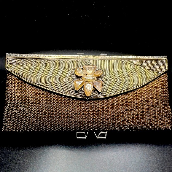 MEERA MAHADEVIA~GOLD BRONZE MESH METAL CLUTCH~CREAMY BEIGE STONES~SILK LINED